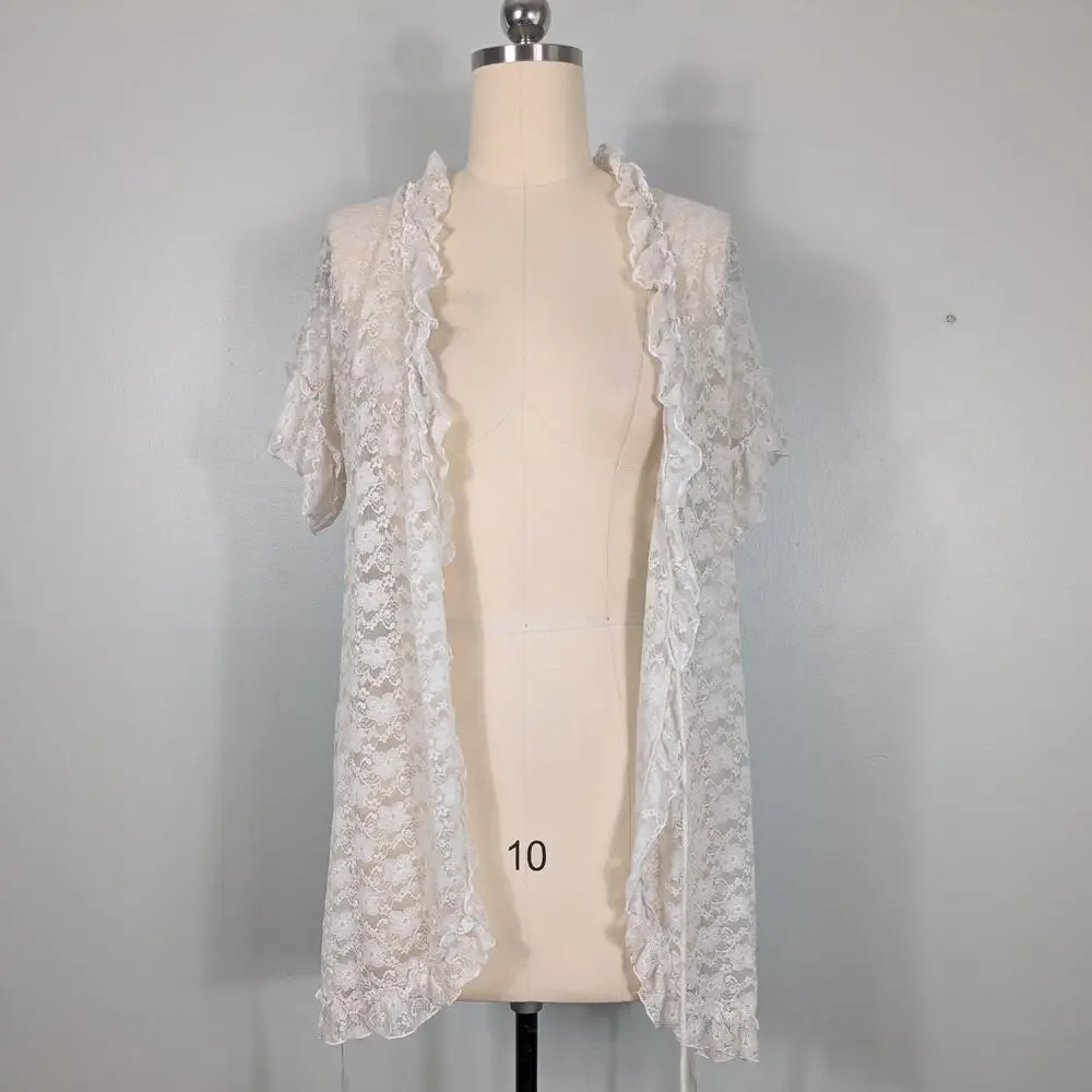 Lace Ruffle Robe Top M Cream Ivory Wrap Boho Fairy Hippie Y2K Floral Short